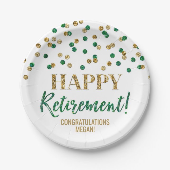 Green Gold Confetti Happy Retirement Paper Plates (Front)