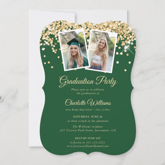 Green Gold Confetti Photo Graduation Party Invitation (Front)