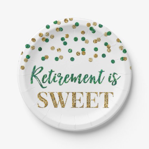 Green Gold Confetti Retirement is Sweet Paper Plates