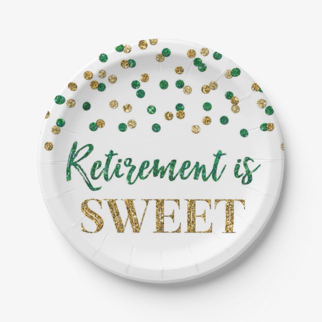 Green Gold Confetti Retirement is Sweet Paper Plates (Front)