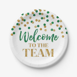 Green Gold Confetti Welcome to the Team Paper Plates