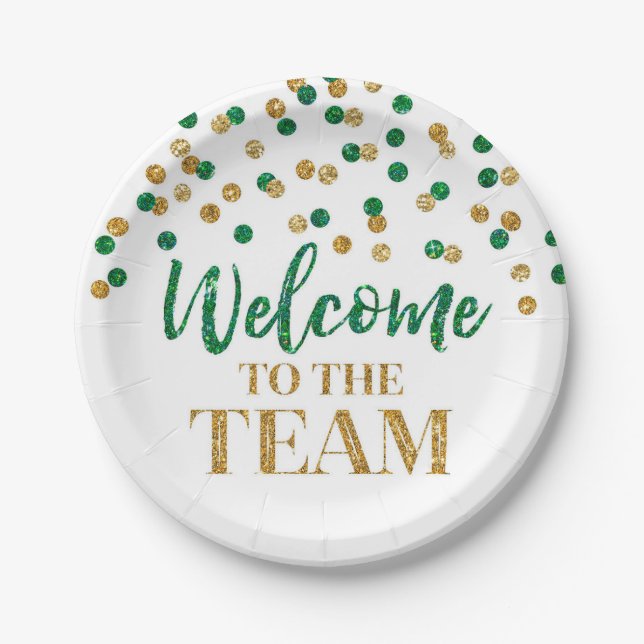 Green Gold Confetti Welcome to the Team Paper Plates (Front)