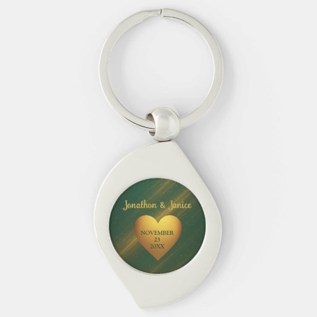Green & Gold Couples Names & Wedding Date Keychain (Front)