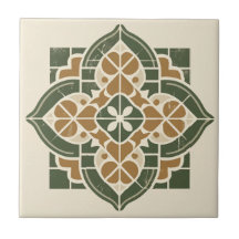 Green, Gold & Cream Geometric Pattern Ceramic Tile