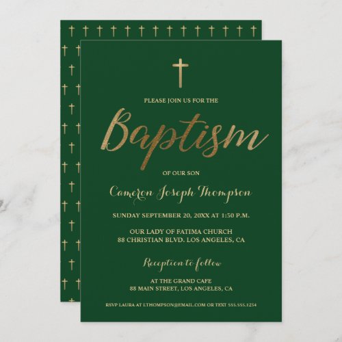 Green Gold Cross Custom Baby boy Baptism Invitation