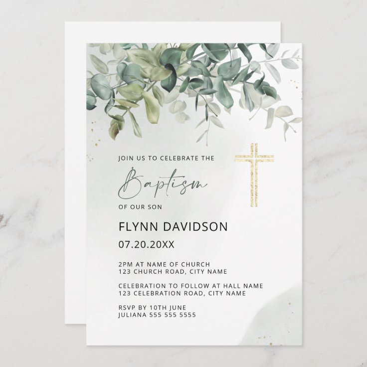 Green & Gold Cross Greenery Baptism Christening Invitation | Zazzle