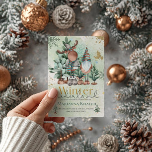 Green Gold Cute Christmas Gnome Deer Birthday Invitation