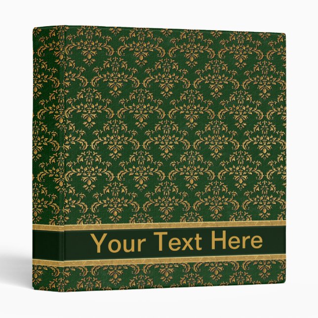 Green & Gold Damask Pattern 3 Ring Binder (Front/Spine)