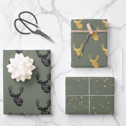 Green Gold Deer Wrapping Paper Sheets