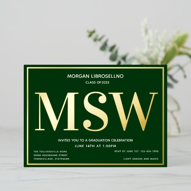 Green Gold Degree MSW Graduation Foil Invitation (Standing Front)