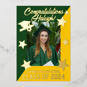 Green & Gold, Diagonal Graduation Gold Foil Invitation