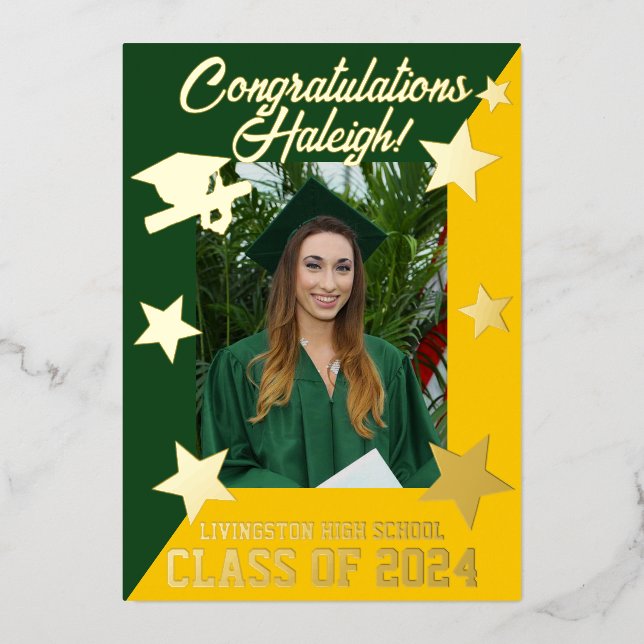 Green & Gold, Diagonal Graduation Gold Foil Invitation (Front)