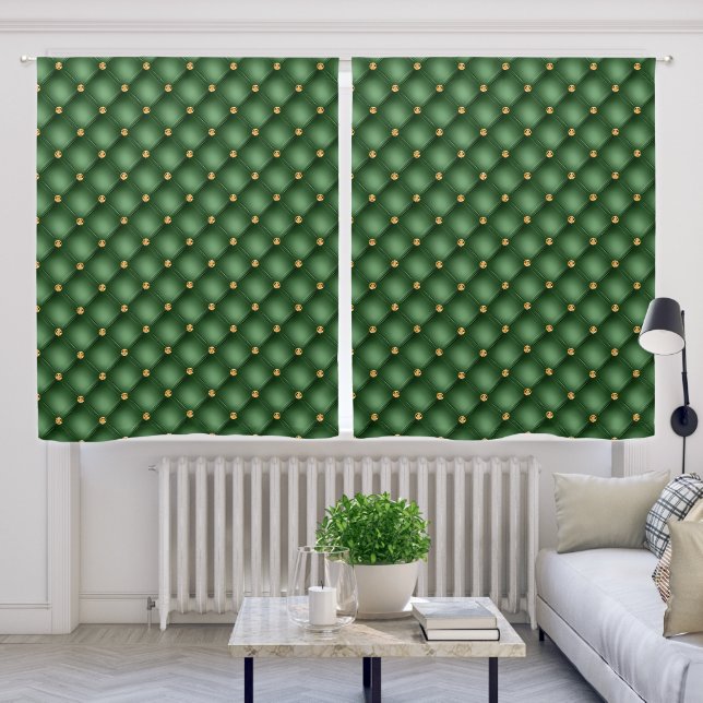 Green Gold Diamond Tufted Blackout Curtains (Living Room)