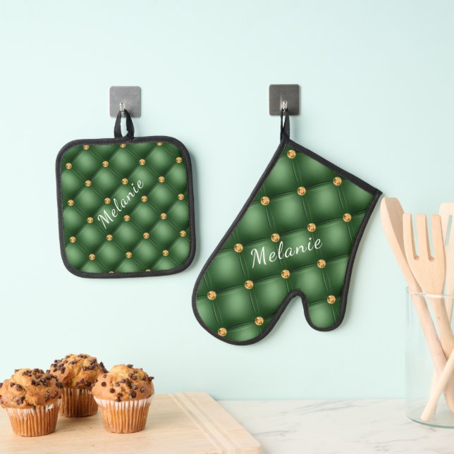 Green Gold Diamond Tufted Custom Name Personalized Oven Mitt & Pot Holder Set (Insitu(Hanging))