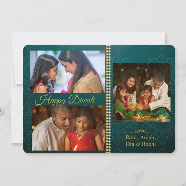 Green Gold Diwali Photo Personalized Greeting Card (Front)