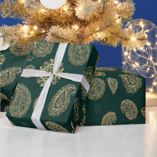 Green & Gold Diya Paisleys Happy Diwali Wrapping P Paper