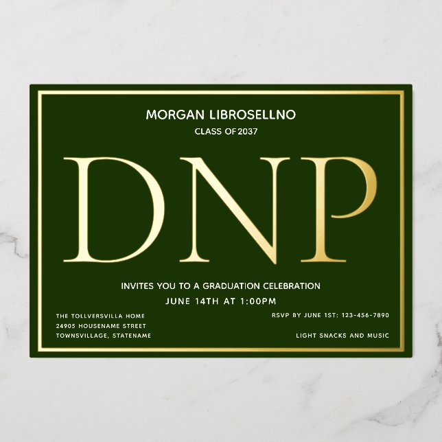 Green Gold DNP Graduation Foil Invitation (Front)