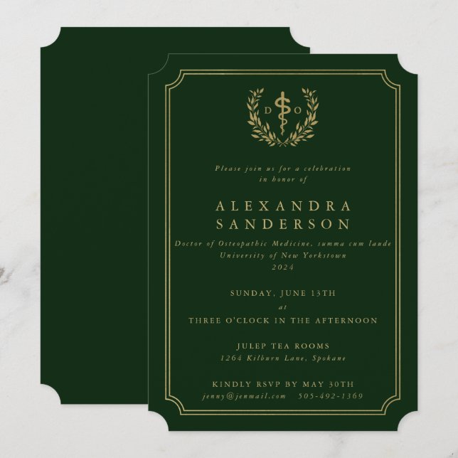 Green/Gold Doctor of Osteopathic Medicine Grad Inv Invitation (Front/Back)