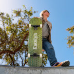 Green gold dots abstract watercolor monogram type  skateboard<br><div class="desc">Spread some flair on your city streets with this personalized, custom name skateboard. Modern, trendy, white distressed, edgy typography and graphic, gold foil dots overlay a green watercolor textured background. Makes a cool and stylish statement every time you surf the pavement. A great gift for someone special, including yourself! Just...</div>