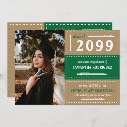 Green  Gold Dotted Boxes and Pencils Graduation Invitation