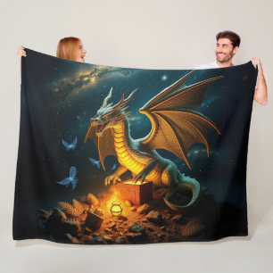 Green & Gold Dragon Guarding Treasure Fleece Blanket