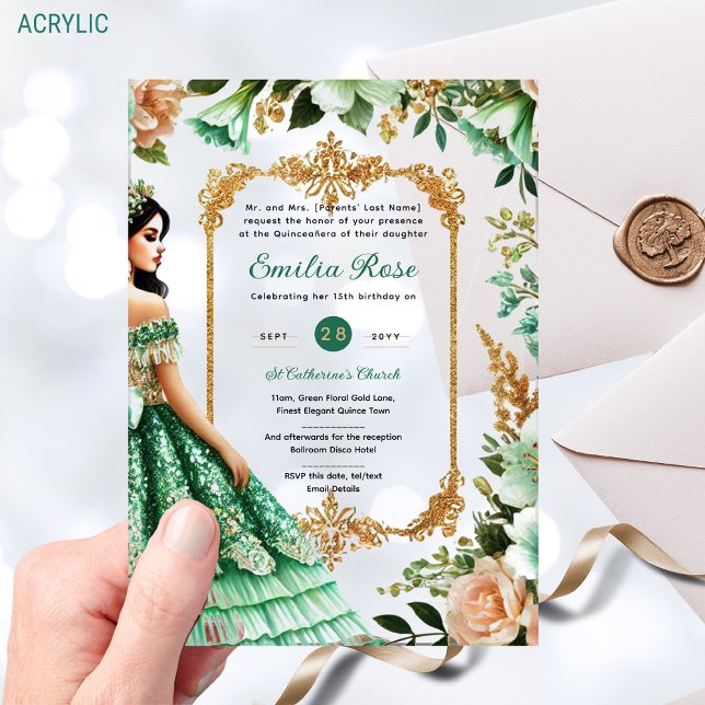 Green Gold Dress Quinceañera Emerald Mis Quince Acrylic Invitations (Creator Uploaded)