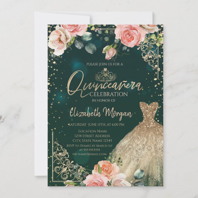  Green Gold Dress Tiara,Diamonds Roses Quinceañera Invitation (Front)