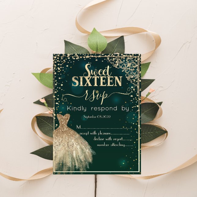 Green Gold Dress Tiara,Diamonds Sweet 16 RSVP  Invitation (Creator Uploaded)