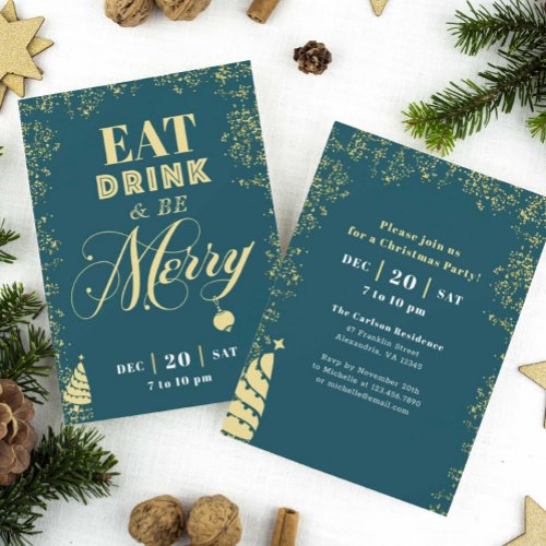 Green Gold Eat Drink Be Merry Christmas Party Invitation