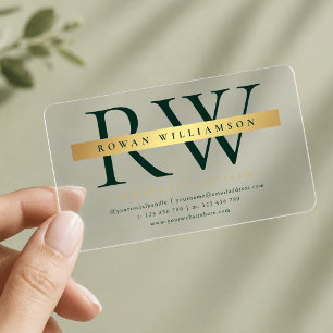 Green & Gold Effect Monogram Corporate Transparent Clear Business Cards