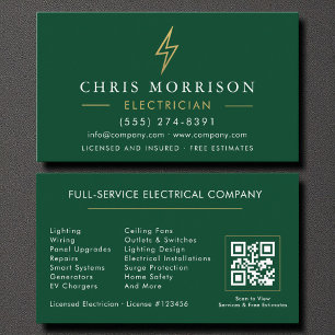 Green Gold Electrician QR Code Modern Business Card