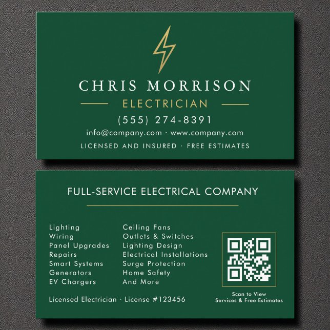 Green Gold Electrician QR Code Modern Business Card (Creator Uploaded)