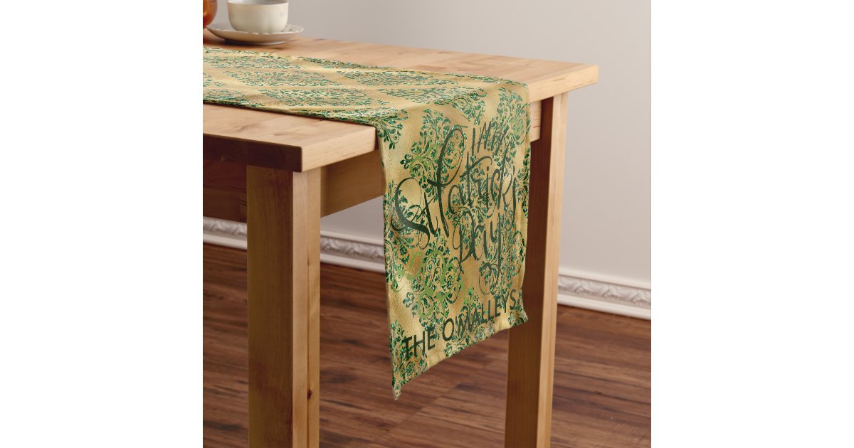 Green & Gold Elegant Damask Pattern Table Runner Zazzle