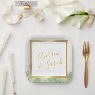 Green & Gold Elegant Eucalyptus Minimalist Paper Plates