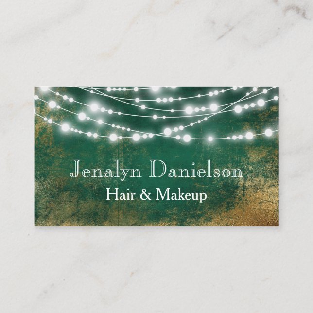 Green Gold Elegant Festive Hanging String Lights Business Card (Front)