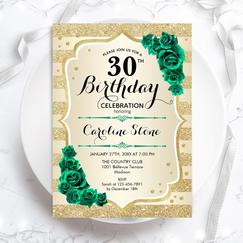 Green Gold Elegant Floral 30th Birthday Invitation