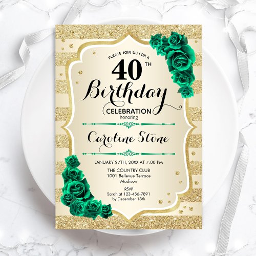 Green Gold Elegant Floral 40th Birthday Invitation