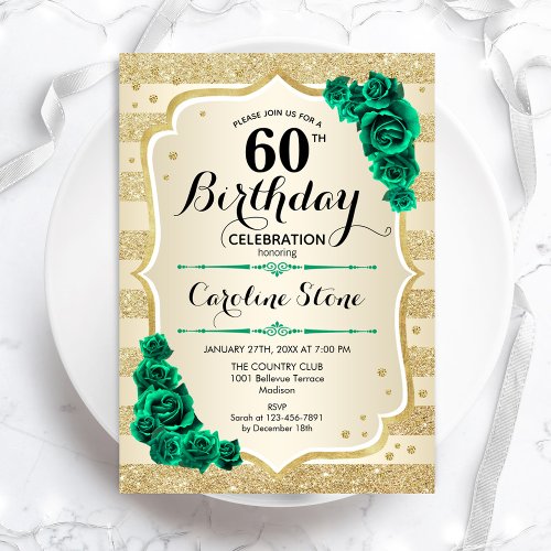 Green Gold Elegant Floral 60th Birthday Invitation