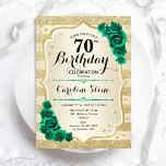 Green Gold Elegant Floral 70th Birthday Invitation<br><div class="desc">70th Birthday Party Invitation. Elegant floral emerald green design with roses. Features faux glitter gold stripes and script font. Perfect for a stylish womens bday celebration. Can be customised for any age! Printed Zazzle invitations or instant download digital printable template.</div>