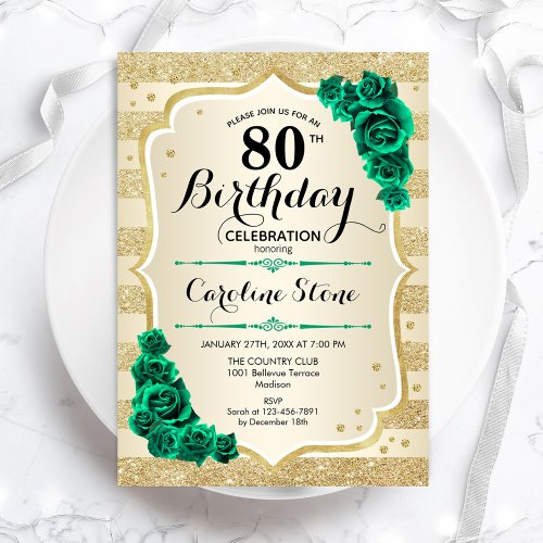 Green Gold Elegant Floral 80th Birthday Invitation