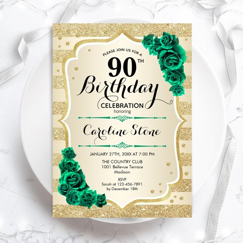 Green Gold Elegant Floral 90th Birthday Invitation