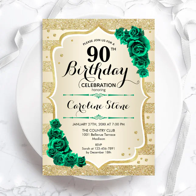 Green Gold Elegant Floral 90th Birthday Invitation Zazzle