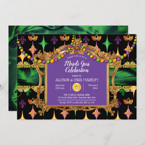 Green  Gold Elegant Floral Mardi Gras Party Invitation