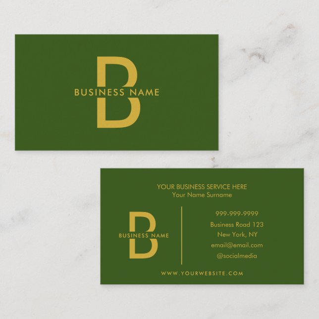 Green & Gold Elegant Monogram Modern Professional  Business Card (Front/Back)