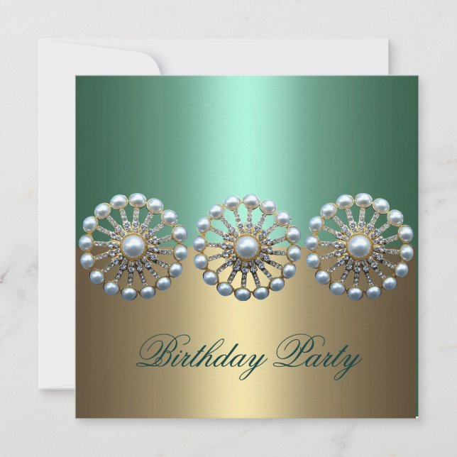 Green & Gold Elegant Pearl Birthday Invitation (Front)