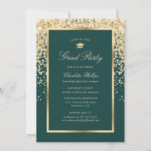 Green Gold Elegant Script Photo Graduation Party Invitation