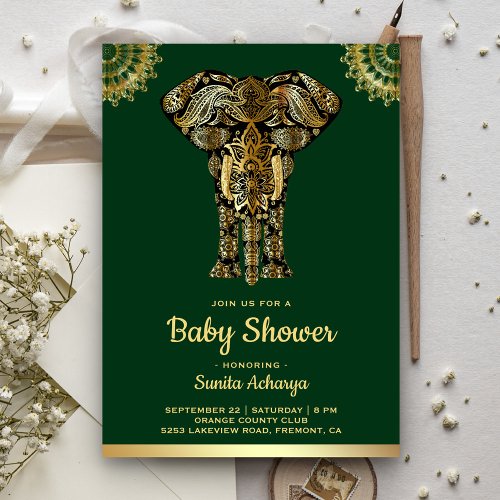 Green Gold Elephant Indian Baby Shower Invitation