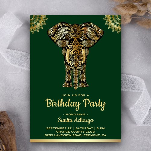 Green Gold Elephant Indian Birthday Party Invitation