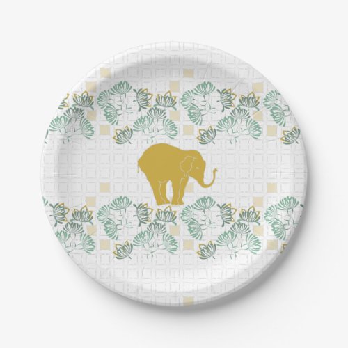 Green  Gold Elephant Safari Jungle Zoo Paper Plates