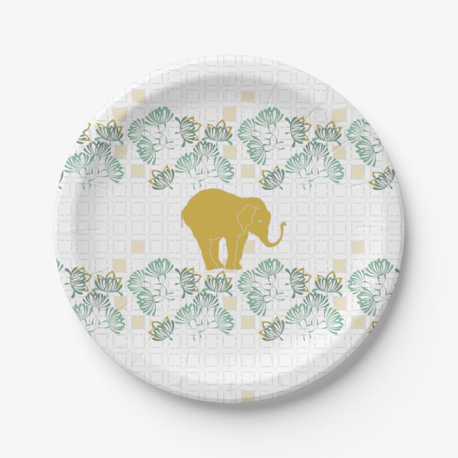 Green & Gold Elephant Safari Jungle Zoo Paper Plates (Front)